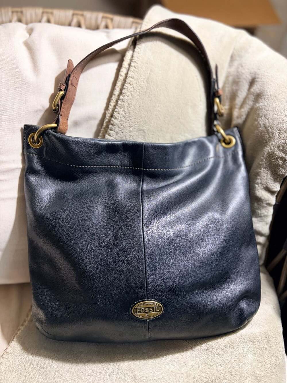 Fossil Explorer Black Leather Hobo Shoulder Bag Brass Hardware